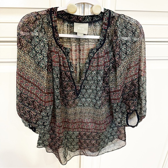 Anthropologie Maeve Poppy Peasant Blouse Women’s Sheer Floral Print Puff Sleeve - Picture 2 of 8